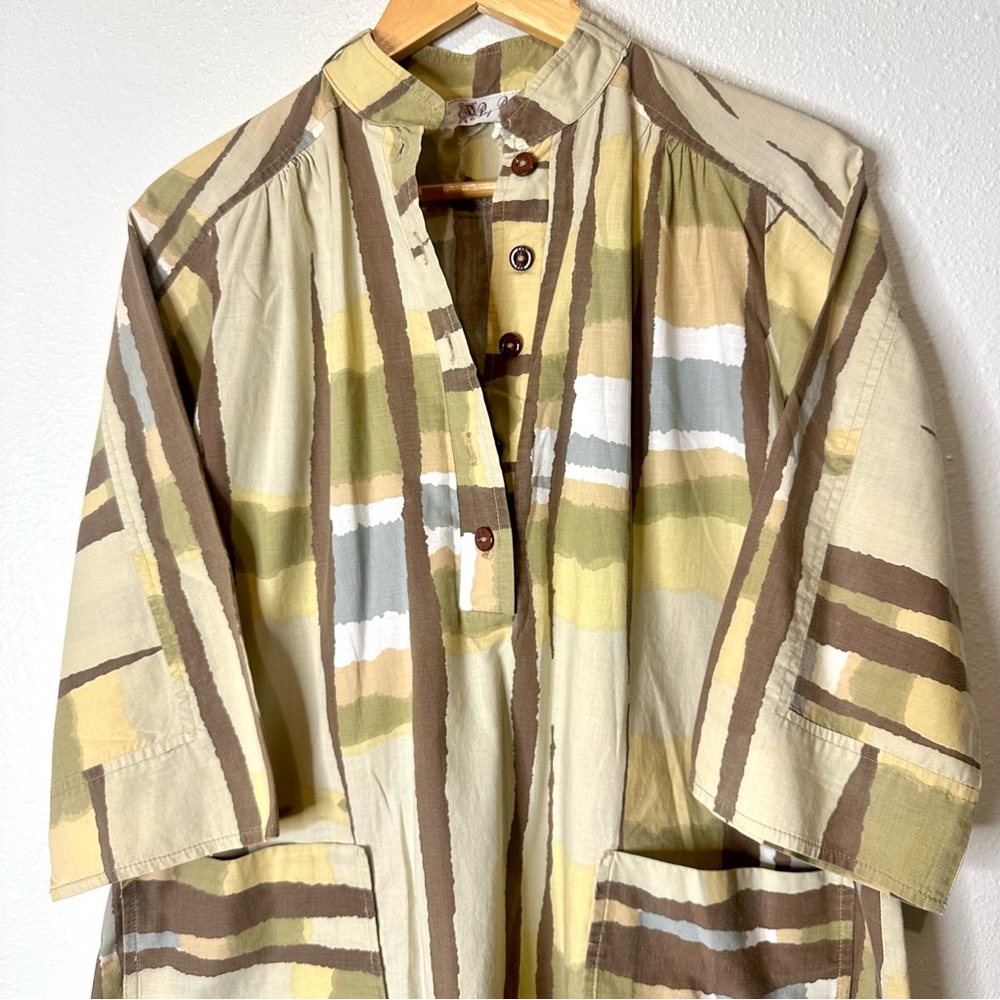 Vintage 60s MCM Geometric Watercolor Print Ultrasoft Poplin Artist Tunic Blouse - Picture 3 of 10